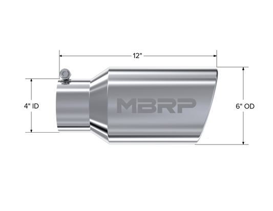 Tip 6" OD. Angled Rolled End. 4" ID. 12" length. T304 Stainless Steel. by MBRP Exhaust