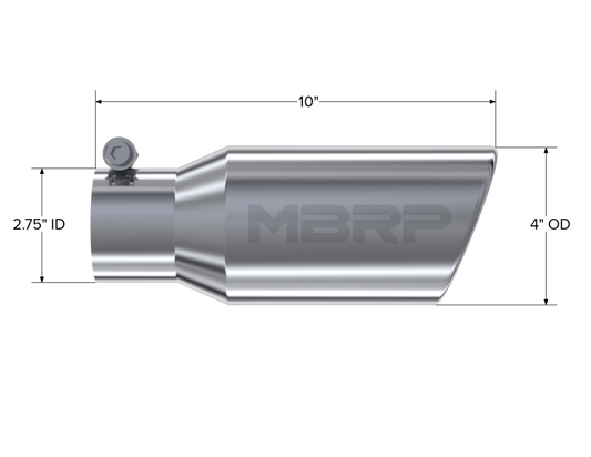Tip. 4in. O.D. Angled Rolled End 2 3/4in. inlet 10in. length. T304 Stainless. by MBRP Exhaust