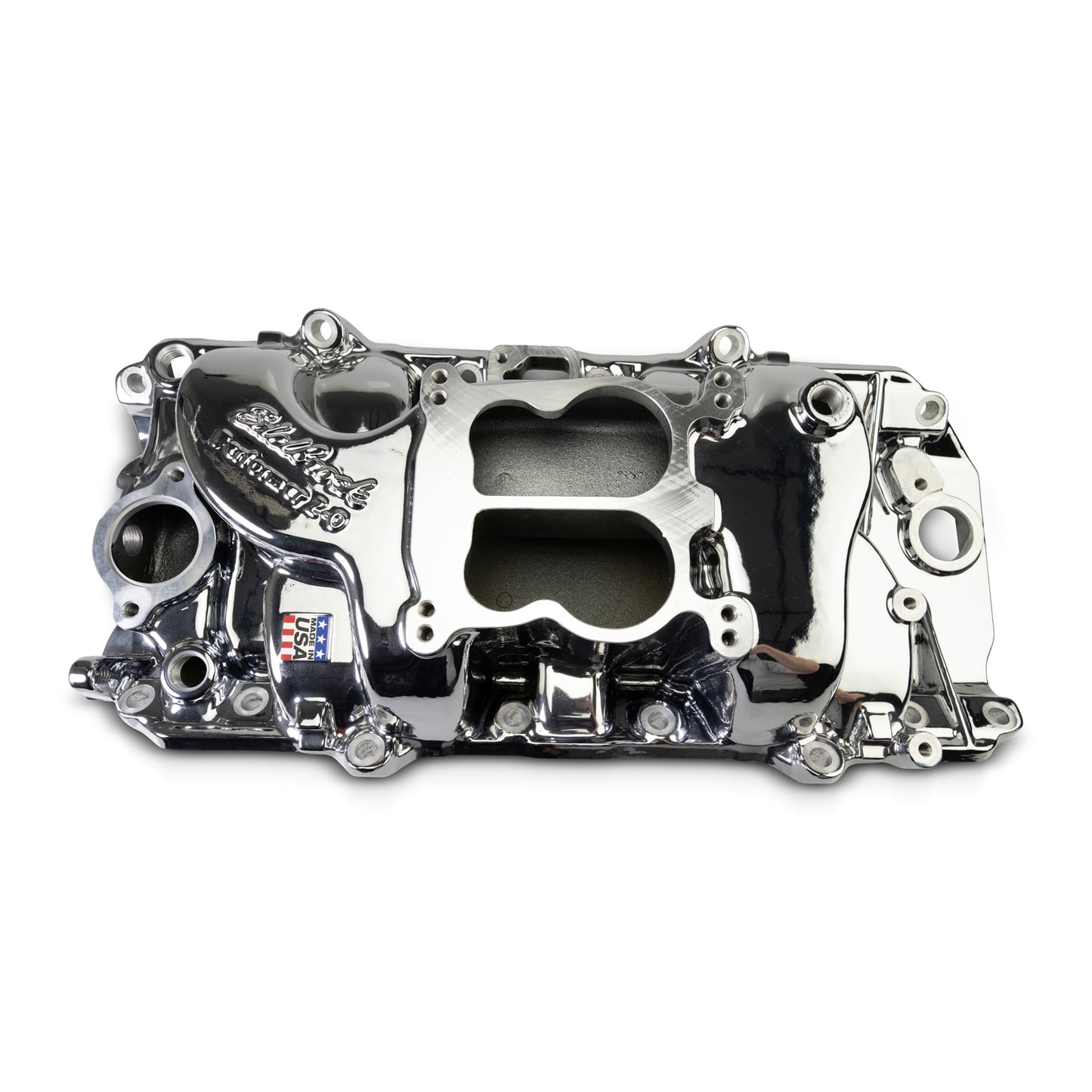 Performer 2-O Manifold for 1965-90 B/B Chevy Oval Port Heads, Chrome Plasma by Edelbrock