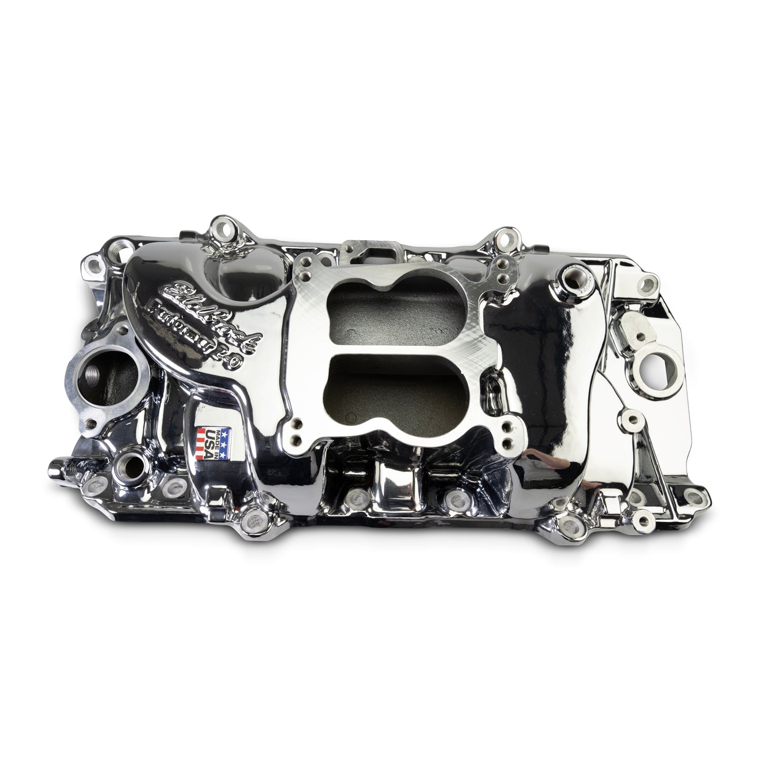 Performer 2-O Manifold for 1965-90 B/B Chevy Oval Port Heads, Chrome Plasma by Edelbrock
