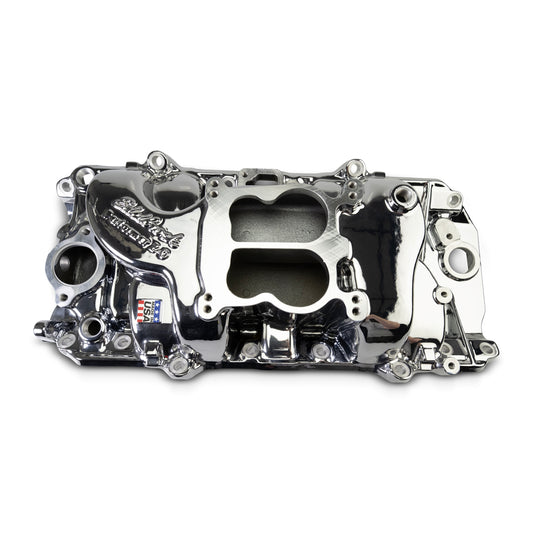Performer 2-O Manifold for 1965-90 B/B Chevy Oval Port Heads, Chrome Plasma by Edelbrock