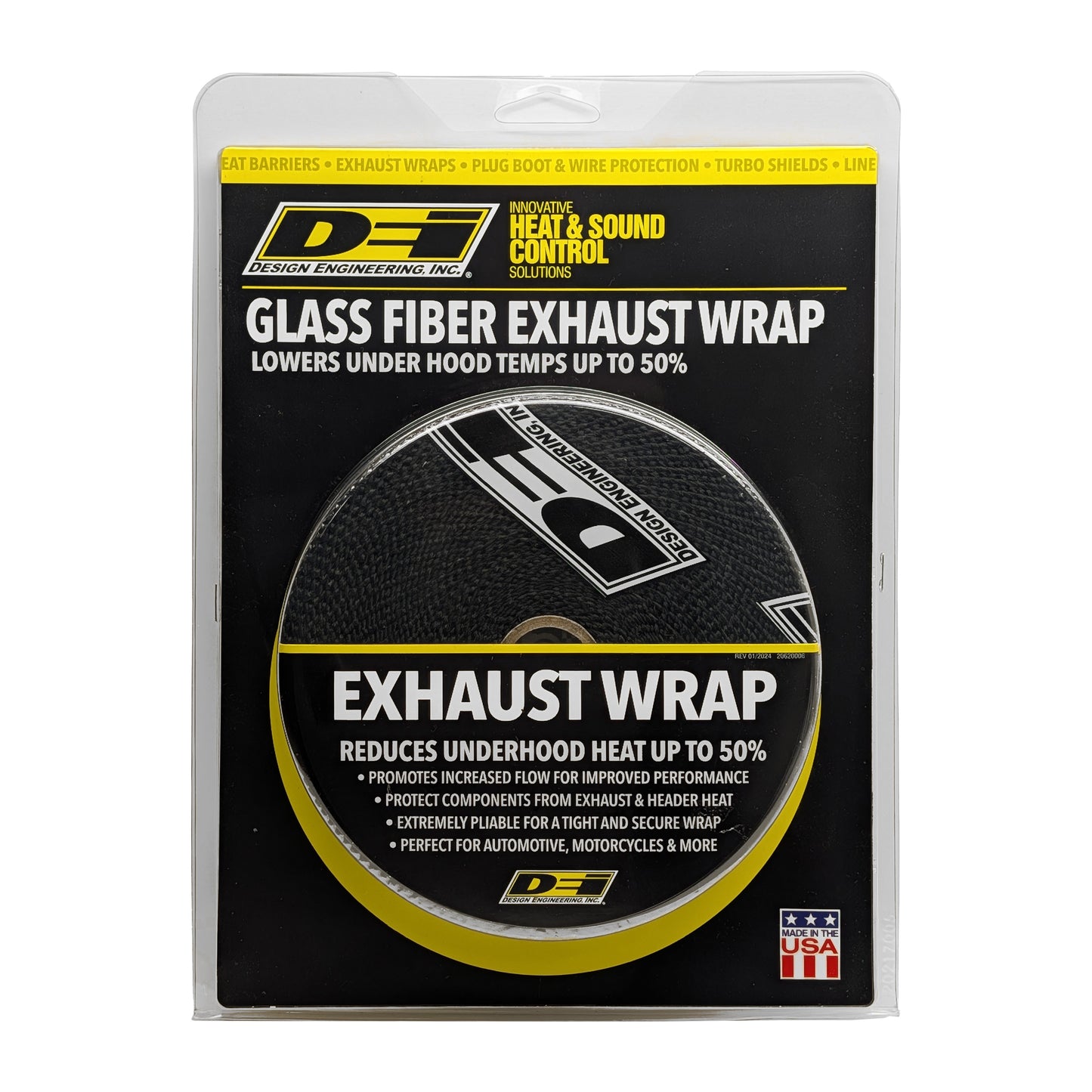 One 50 foot roll of 1 inch wide Black Glass Fiber exhaust wrap. by Design Engineering