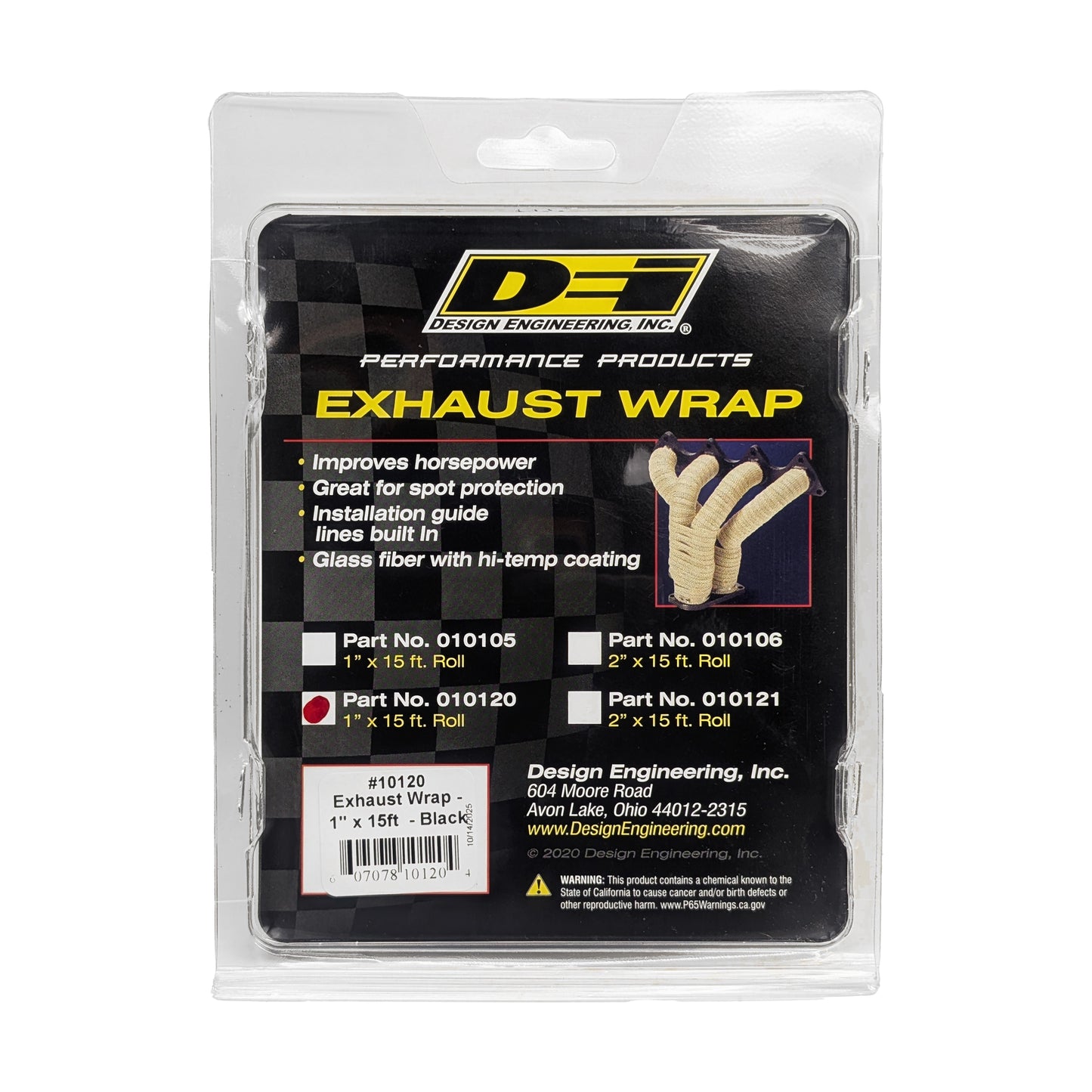 One 15 foot roll of 1 inch wide Black Glass Fiber Exhaust wrap. by Design Engineering