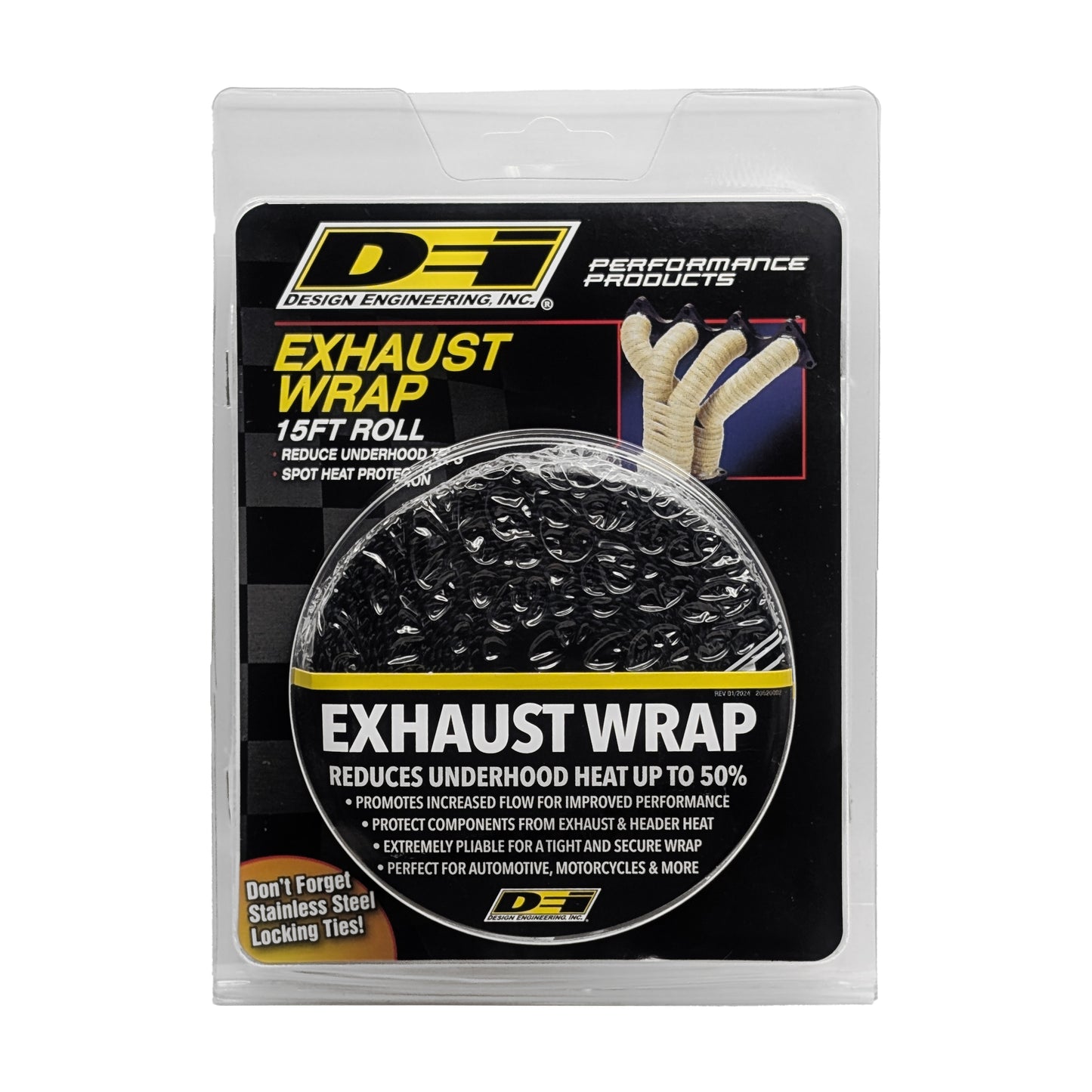 One 15 foot roll of 1 inch wide Black Glass Fiber Exhaust wrap. by Design Engineering