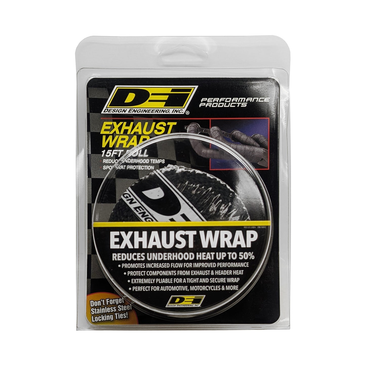 One 15 foot roll of 2 inch wide Black Glass Fiber Exhaust wrap. by Design Engineering