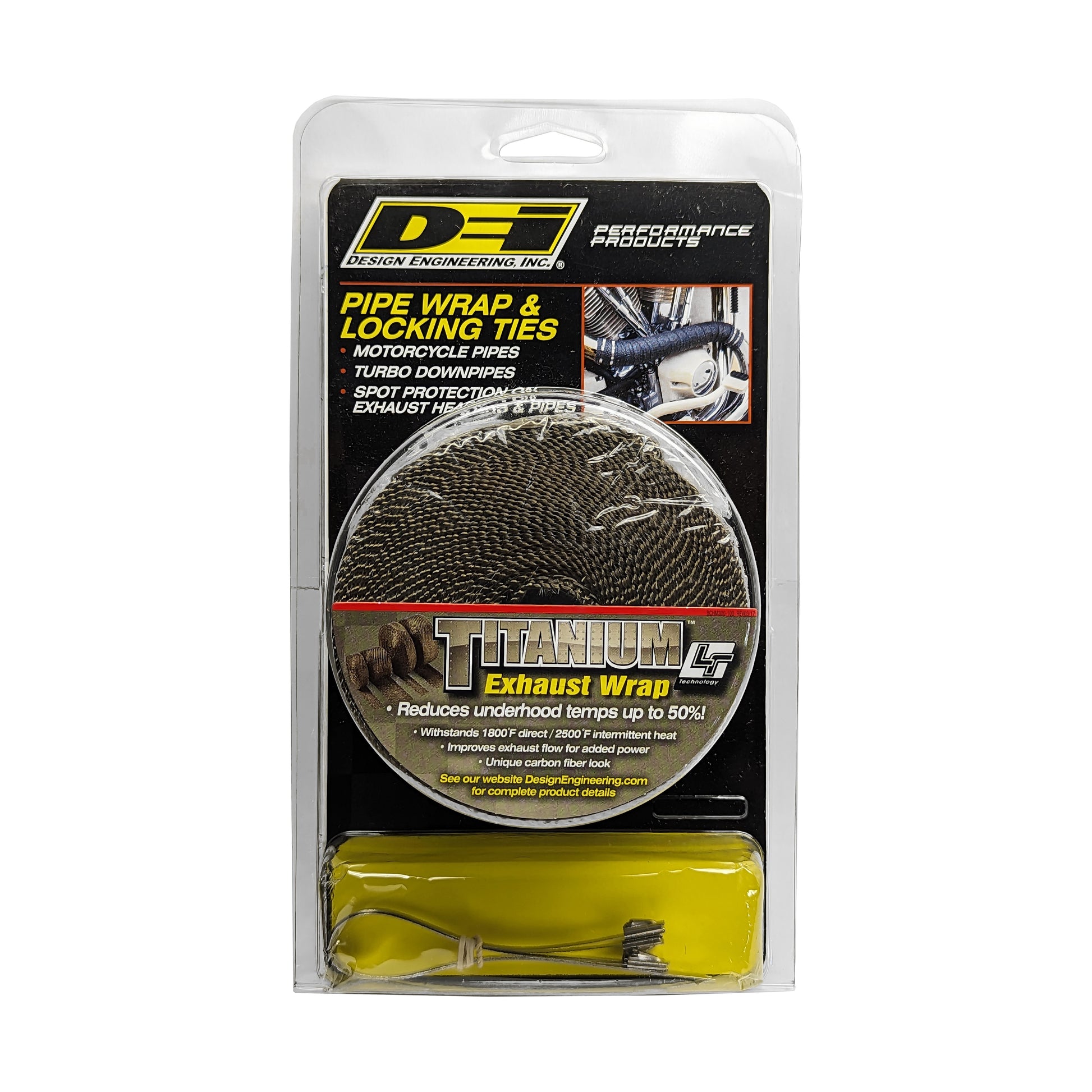 One 25 foot roll of 2 inch wide titanium exhaust wrap and four locking ties. by Design Engineering