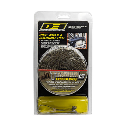 One 25 foot roll of 2 inch wide titanium exhaust wrap and four locking ties. by Design Engineering