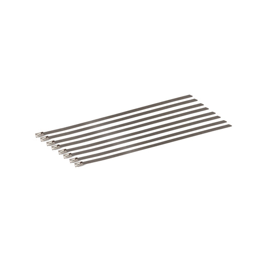 Nine 8 inch long stainless steel locking ties by Design Engineering
