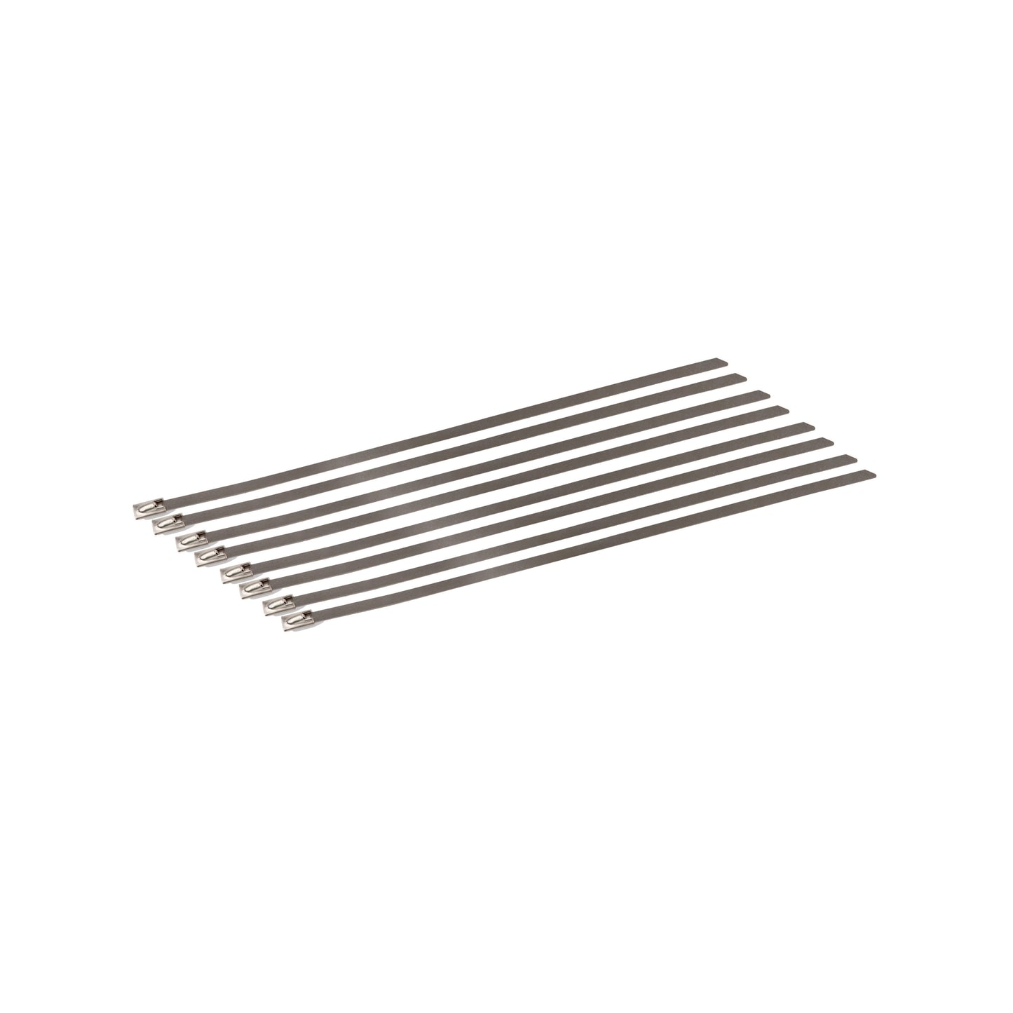 Nine 8 inch long stainless steel locking ties by Design Engineering
