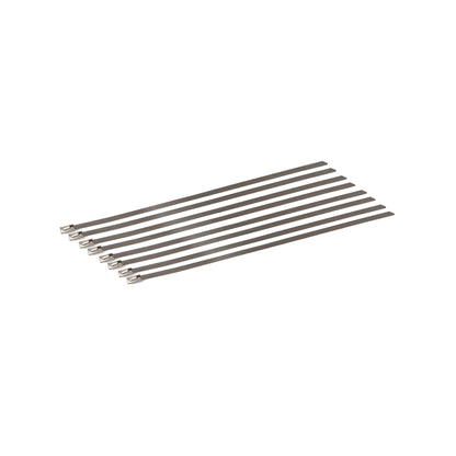 Nine 8 inch long stainless steel locking ties by Design Engineering