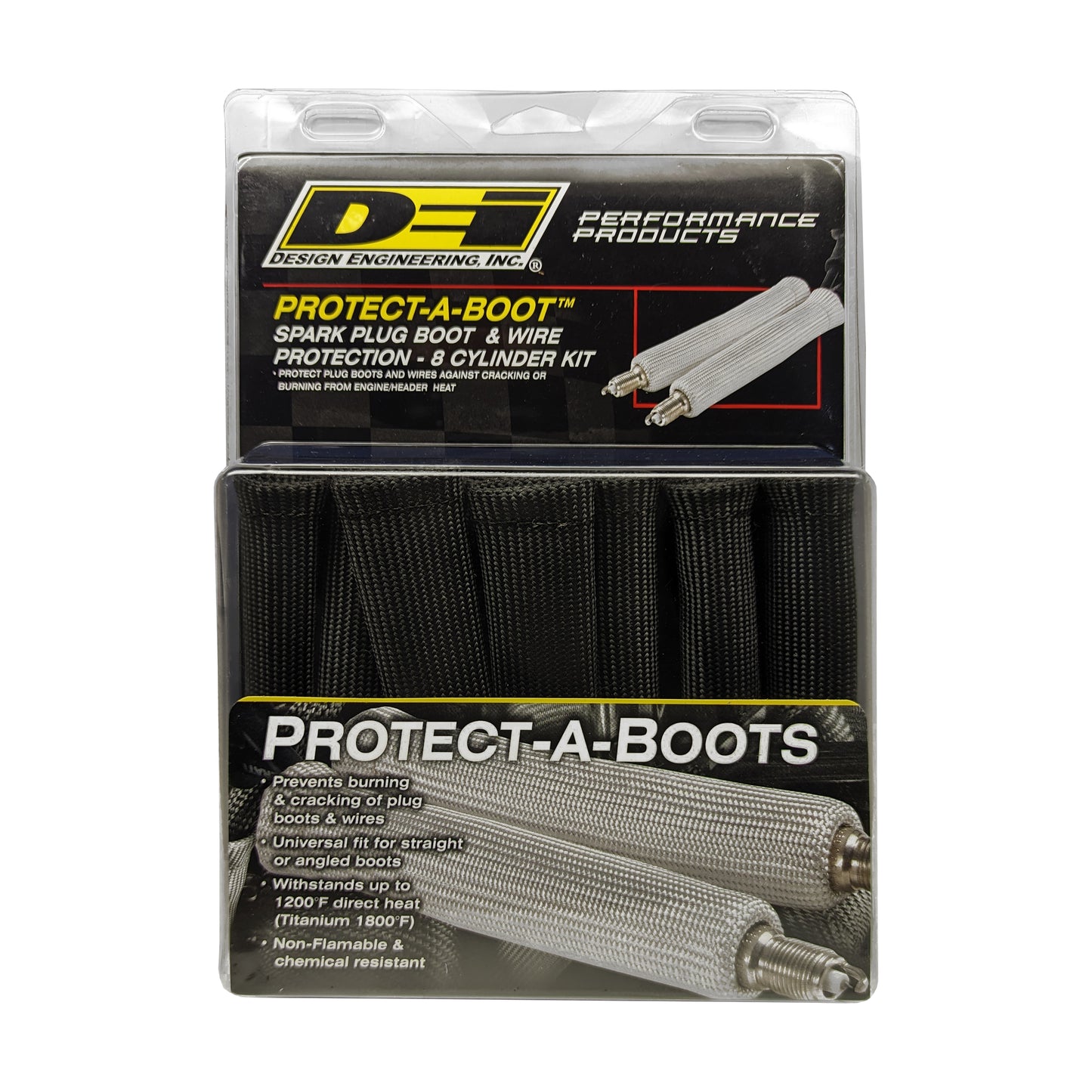 Eight black 6 inch Protect-A-Boots with internal metal ring. by Design Engineering