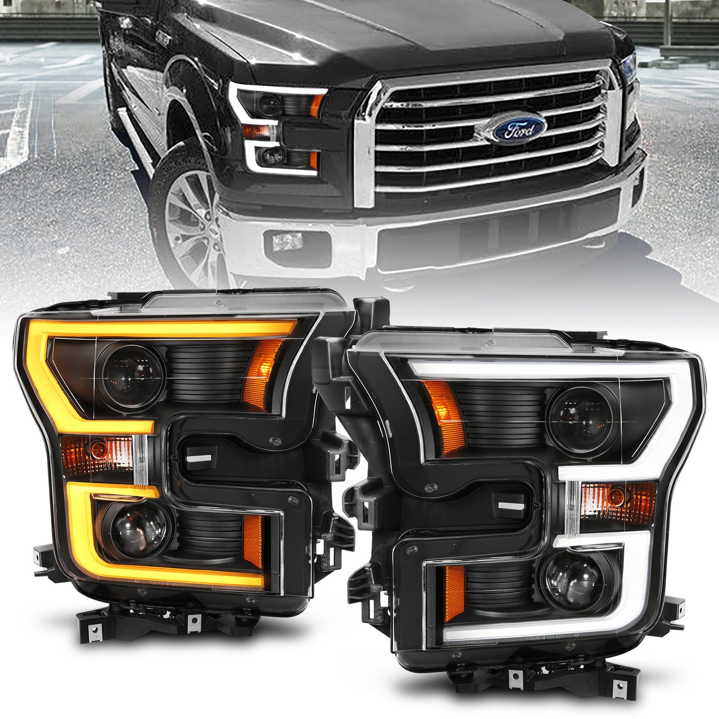 Projector Headlights w/ Plank Style Switchback Black w/ Amber by ANZO USA