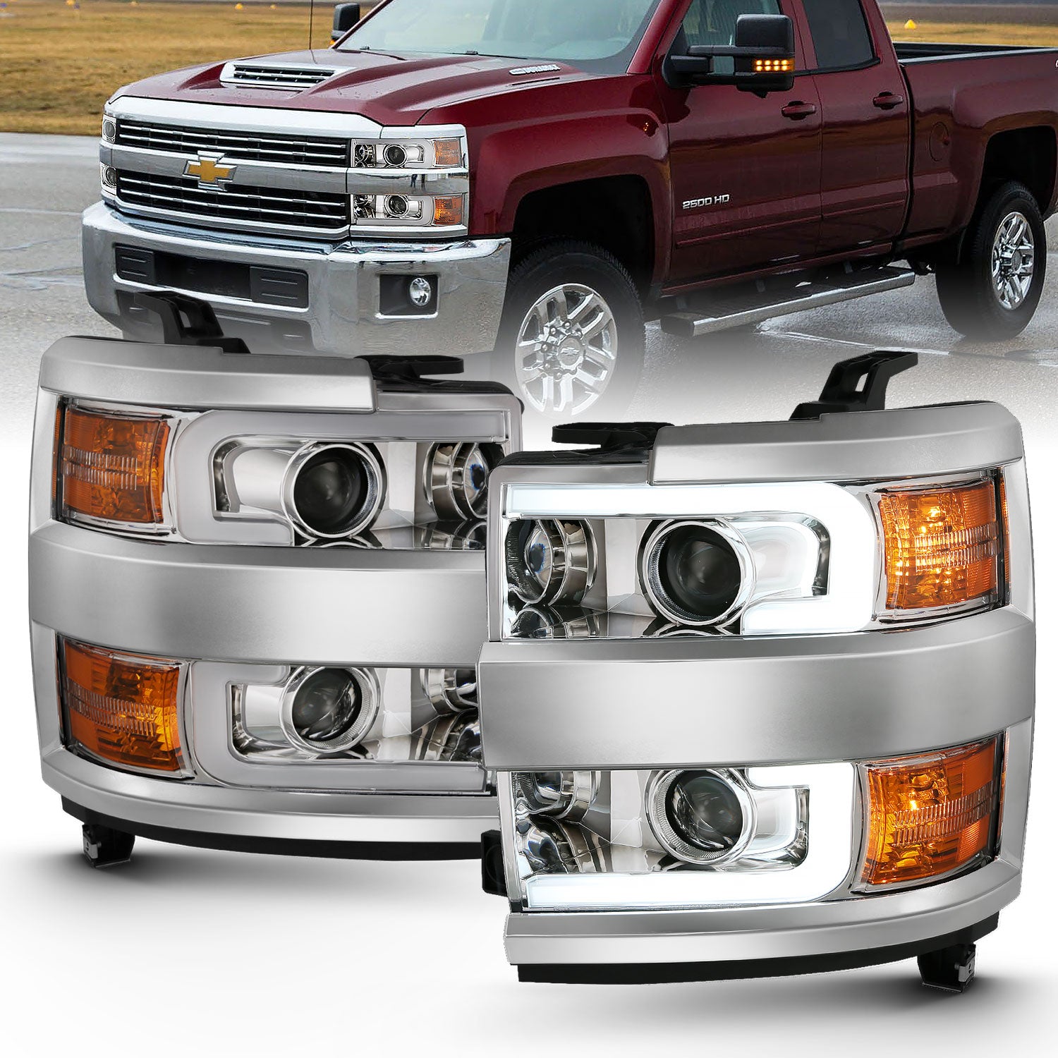 Projector Headlights w/ Plank Style Design Chrome w/ Amber by ANZO USA