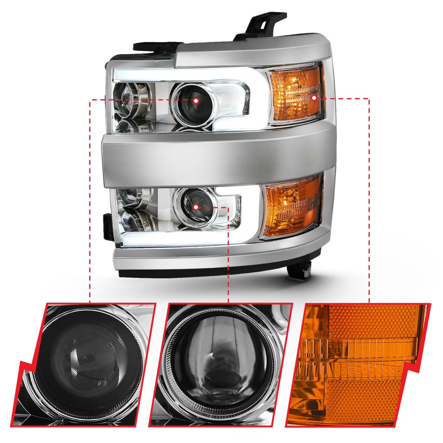 Projector Headlights w/ Plank Style Design Chrome w/ Amber by ANZO USA