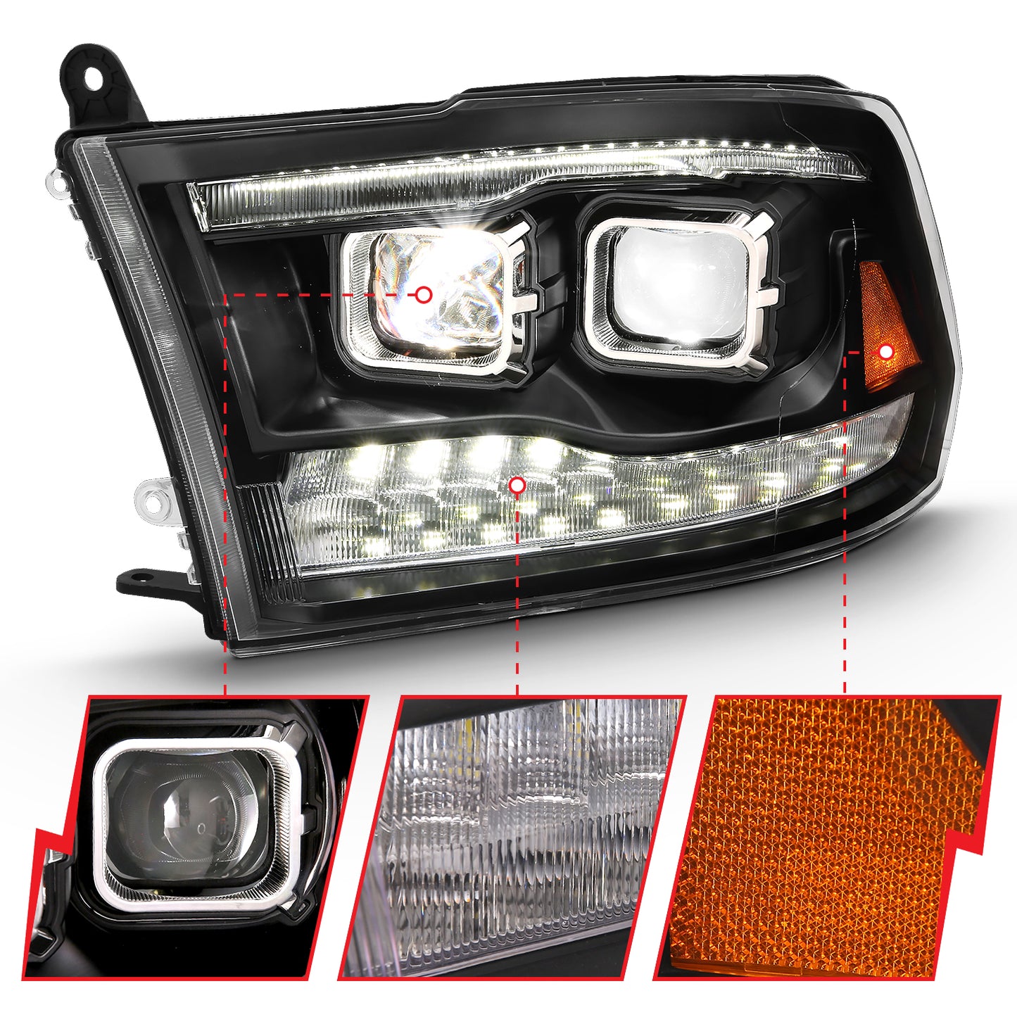 LED Projector Plank Style Switchback H.L Halo Black Amber (OE Style) by ANZO USA