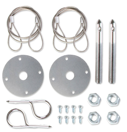 Hood pin kit with hairpin style clips, lanyard cables, and scuff plates. by Mr Gasket