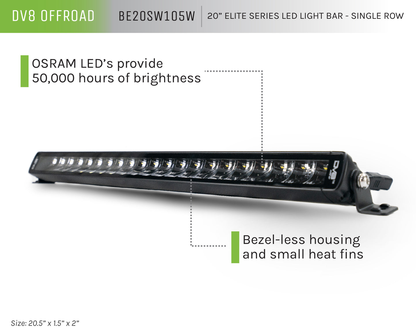 UNIVERSAL 20in. SINGLE ROW LED LIGHT BAR w/ FLOOD/SPOT COMBO PATTERN/SIDE MOUNTS by DV8 Offroad