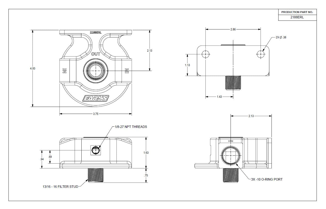 Billet Remote Oil Filter Mount Kit, Black Anodized, 10 AN O-Ring Ports by Earl's Performance
