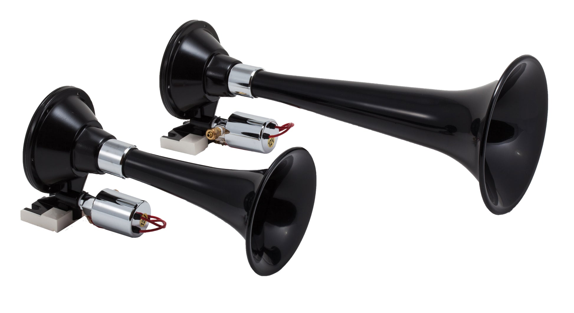 Dual black ABS separately mounted train horns with dual solenoid valves. by Kleinn Automotive Accessories