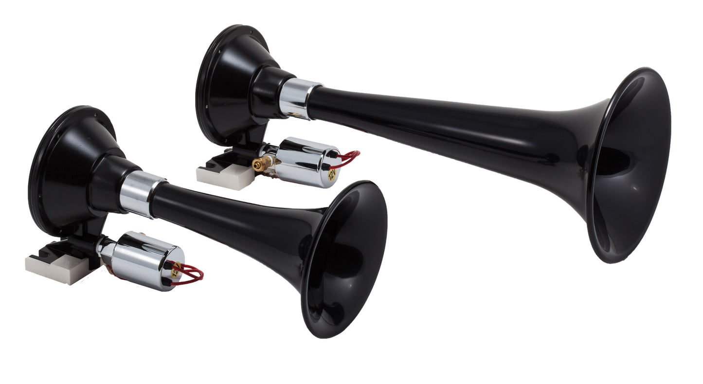 Dual black ABS separately mounted train horns with dual solenoid valves. by Kleinn Automotive Accessories