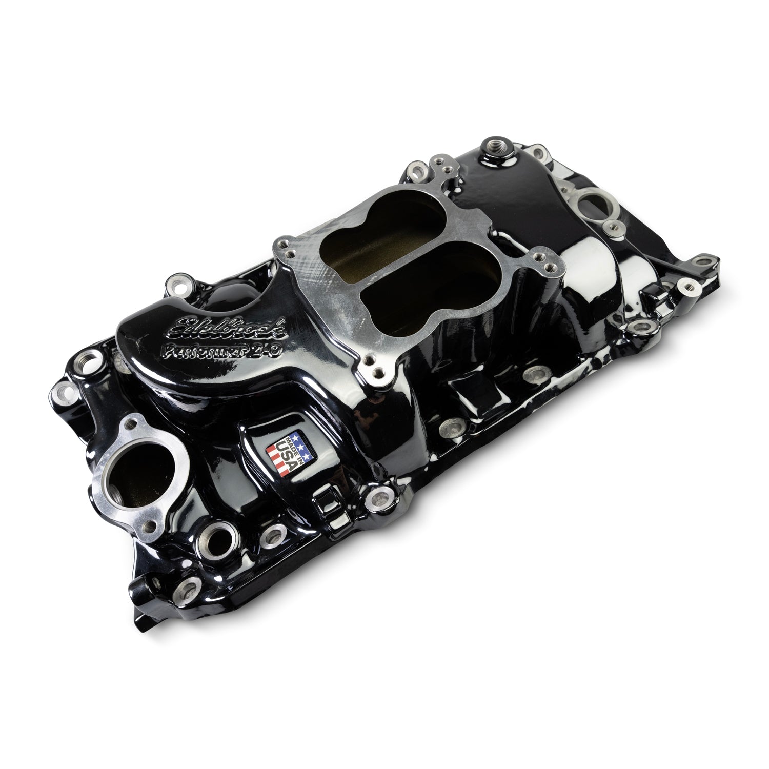 Performer 2-O Manifold for 1965-90 B/B Chevy Oval Port Heads, Black Plasma by Edelbrock