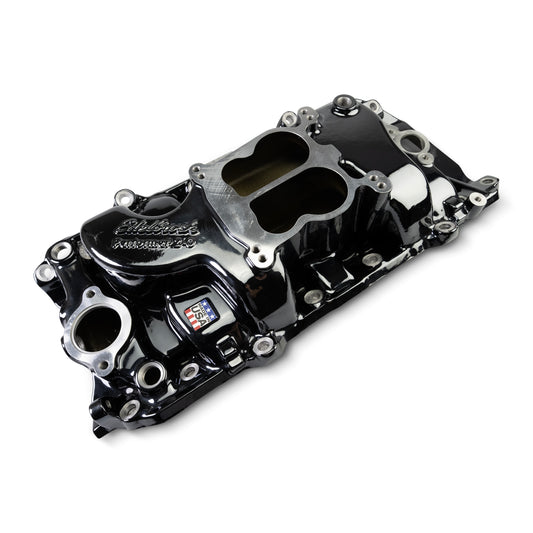 Performer 2-O Manifold for 1965-90 B/B Chevy Oval Port Heads, Black Plasma by Edelbrock