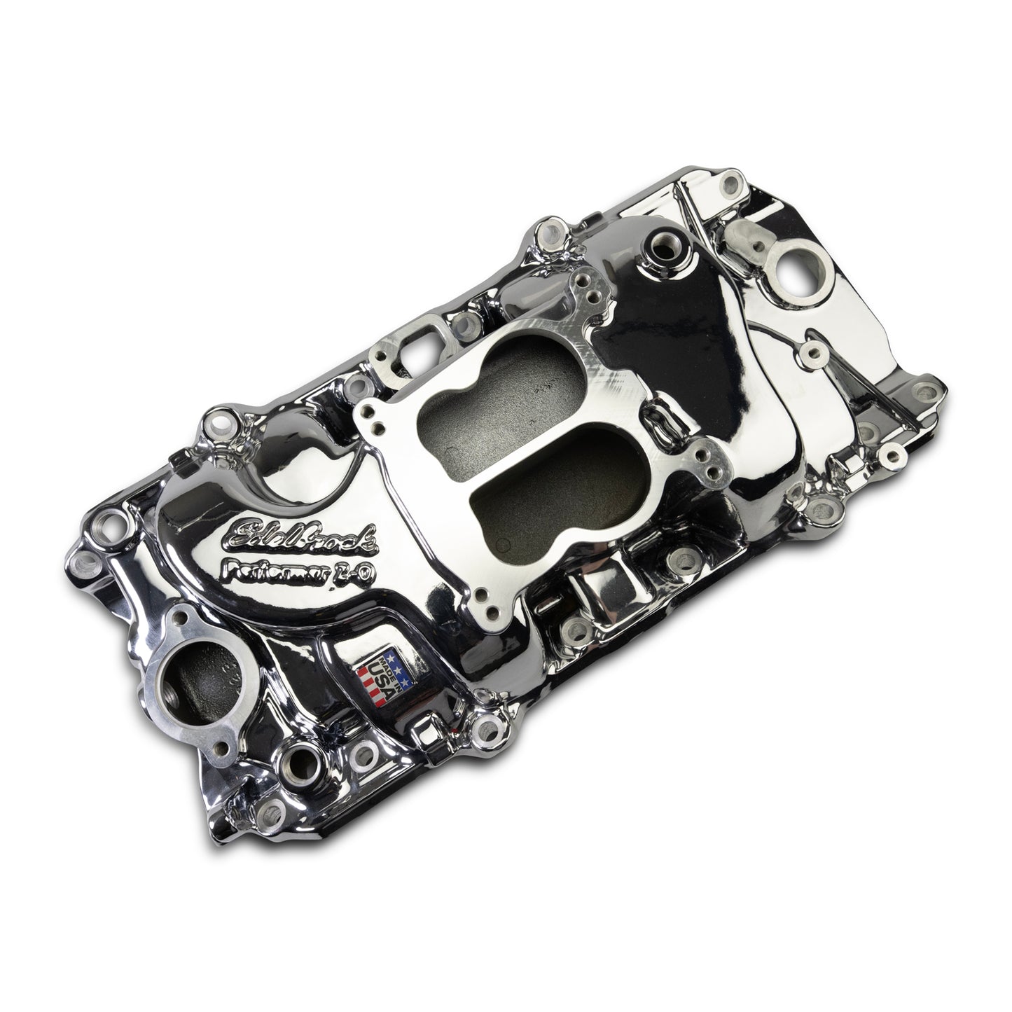 Performer 2-O Manifold for 1965-90 B/B Chevy Oval Port Heads, Chrome Plasma by Edelbrock