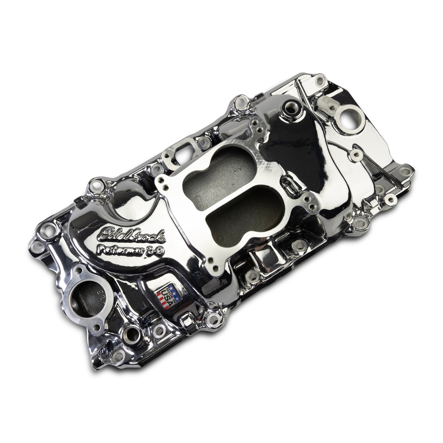 Performer 2-O Manifold for 1965-90 B/B Chevy Oval Port Heads, Chrome Plasma by Edelbrock
