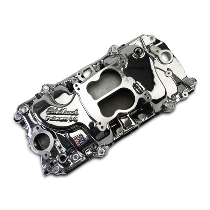 Performer 2-O Manifold for 1965-90 B/B Chevy Oval Port Heads, Chrome Plasma by Edelbrock