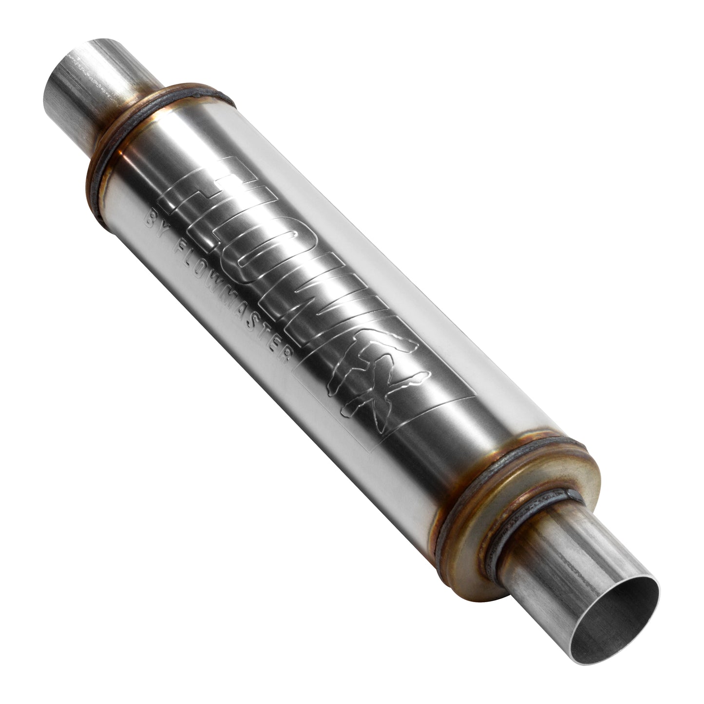 Flow FX Muffler - 2.25 In/Out - Round Body - Moderate Sound - Stainless Steel by Flowmaster