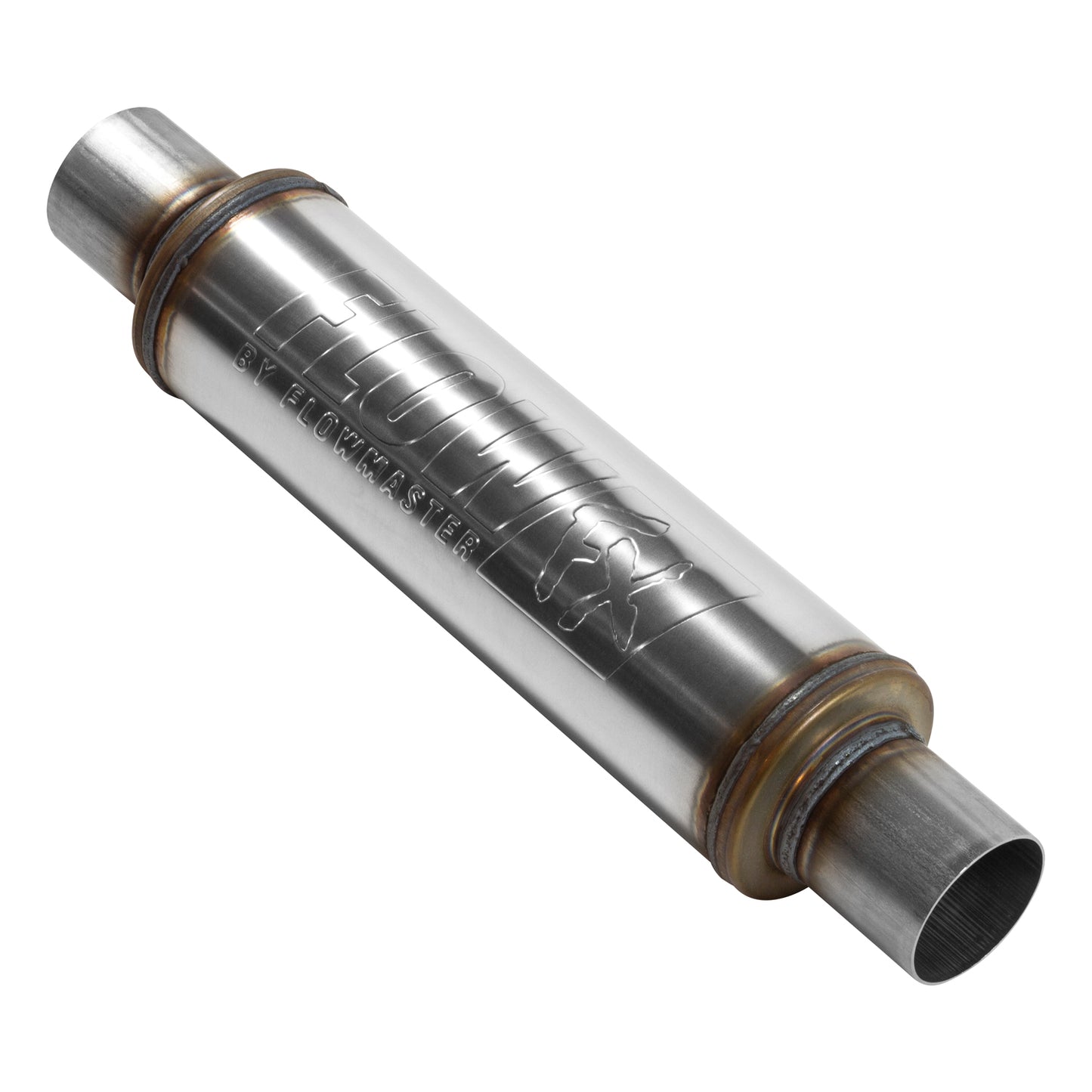 Flow FX Muffler - 2.50 In/Out - Round Body - Moderate Sound - Stainless Steel by Flowmaster