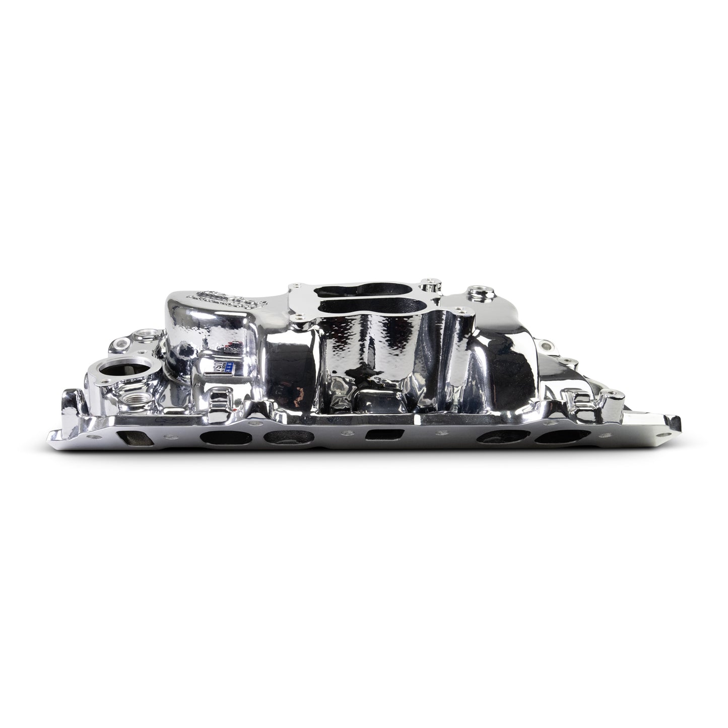 Performer 2-O Manifold for 1965-90 B/B Chevy Oval Port Heads, Chrome Plasma by Edelbrock