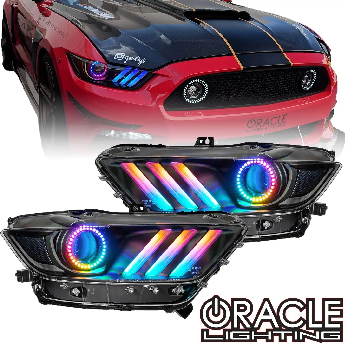 2015-2017 Ford Mustang Pre-Assembled Headlights -Dynamic ColorSHIFT RGB+A -Black Edition by ORACLE Lighting