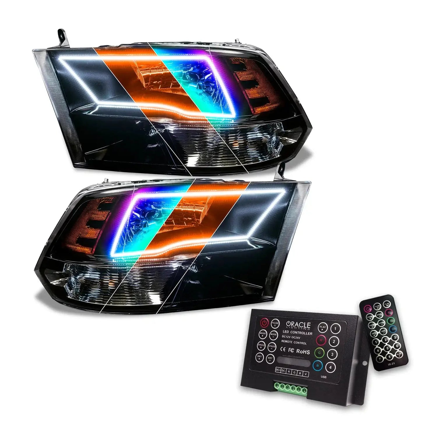 ORACLE Lighting 2009-2018 RAM ColorSHIFT Switchback Quad Pre-Assembled Halo Headlights - Black Housing by ORACLE Lighting