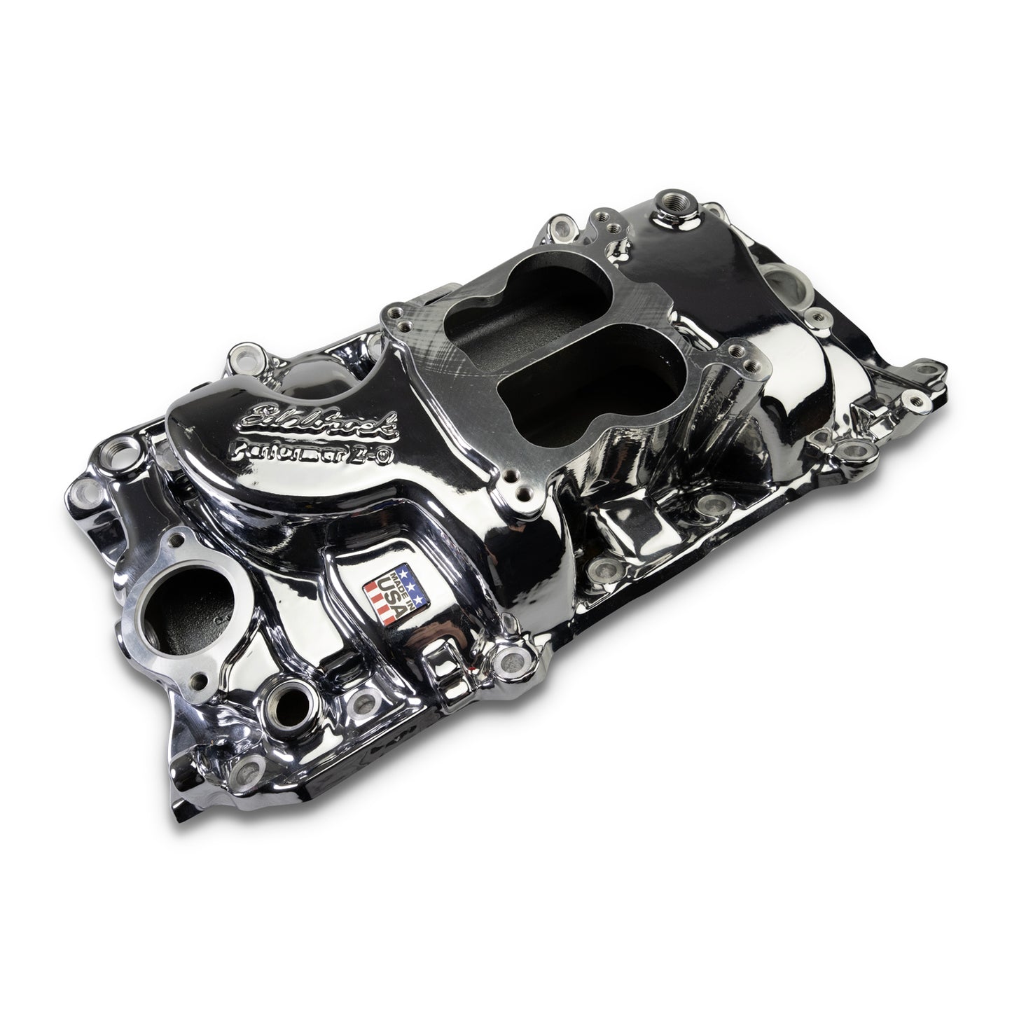Performer 2-O Manifold for 1965-90 B/B Chevy Oval Port Heads, Chrome Plasma by Edelbrock