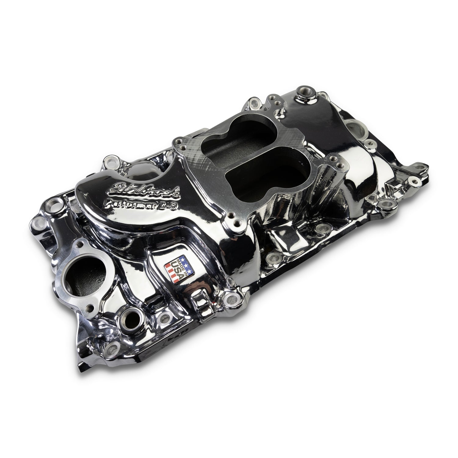 Performer 2-O Manifold for 1965-90 B/B Chevy Oval Port Heads, Chrome Plasma by Edelbrock