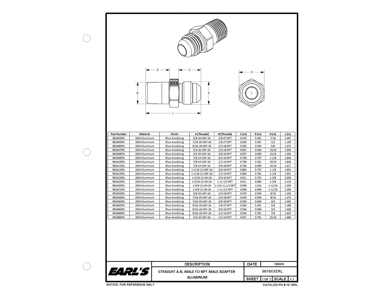 Straight AN -8 Male to 3/8" NPT Male - Blue. by Earl's Performance
