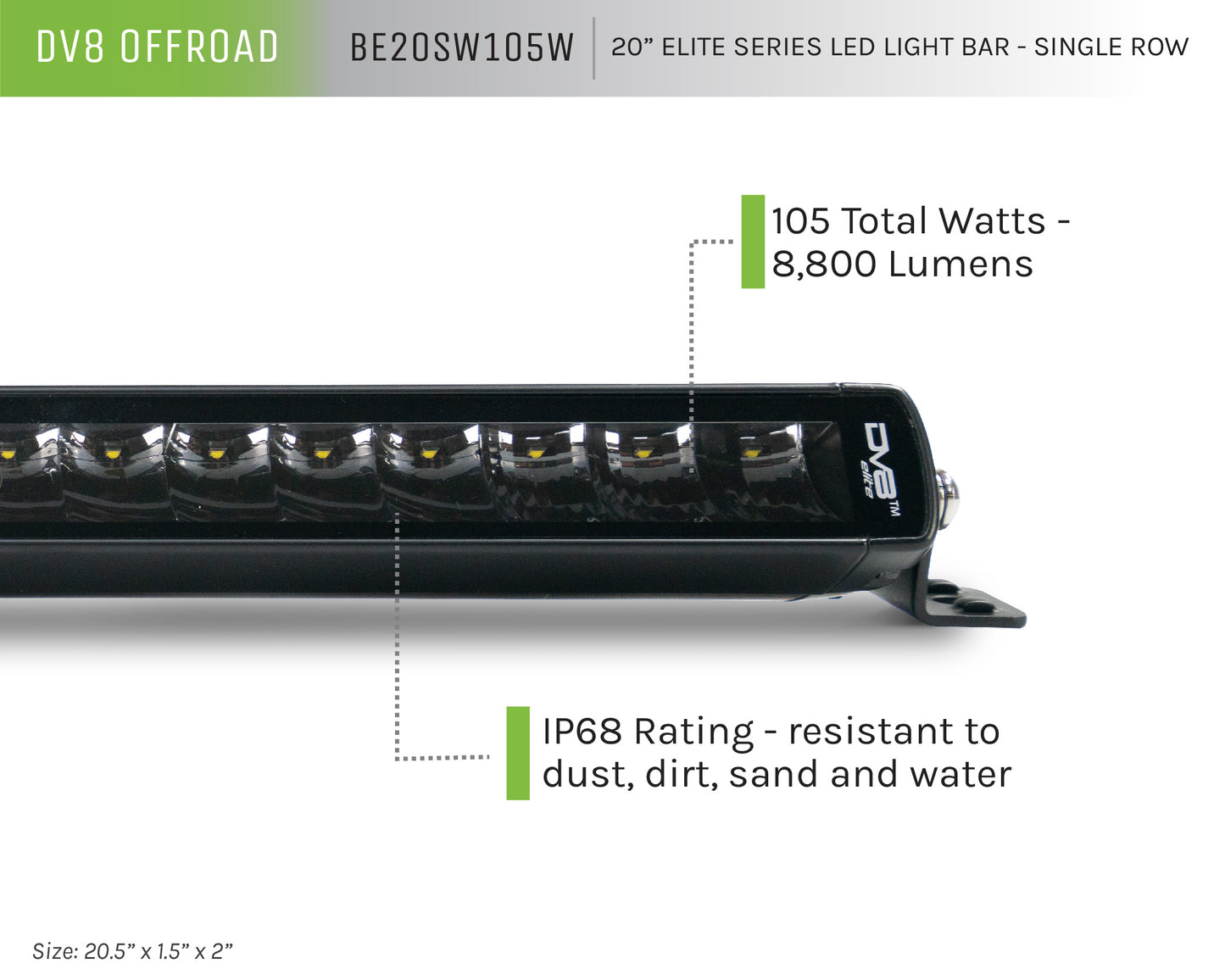 UNIVERSAL 20in. SINGLE ROW LED LIGHT BAR w/ FLOOD/SPOT COMBO PATTERN/SIDE MOUNTS by DV8 Offroad