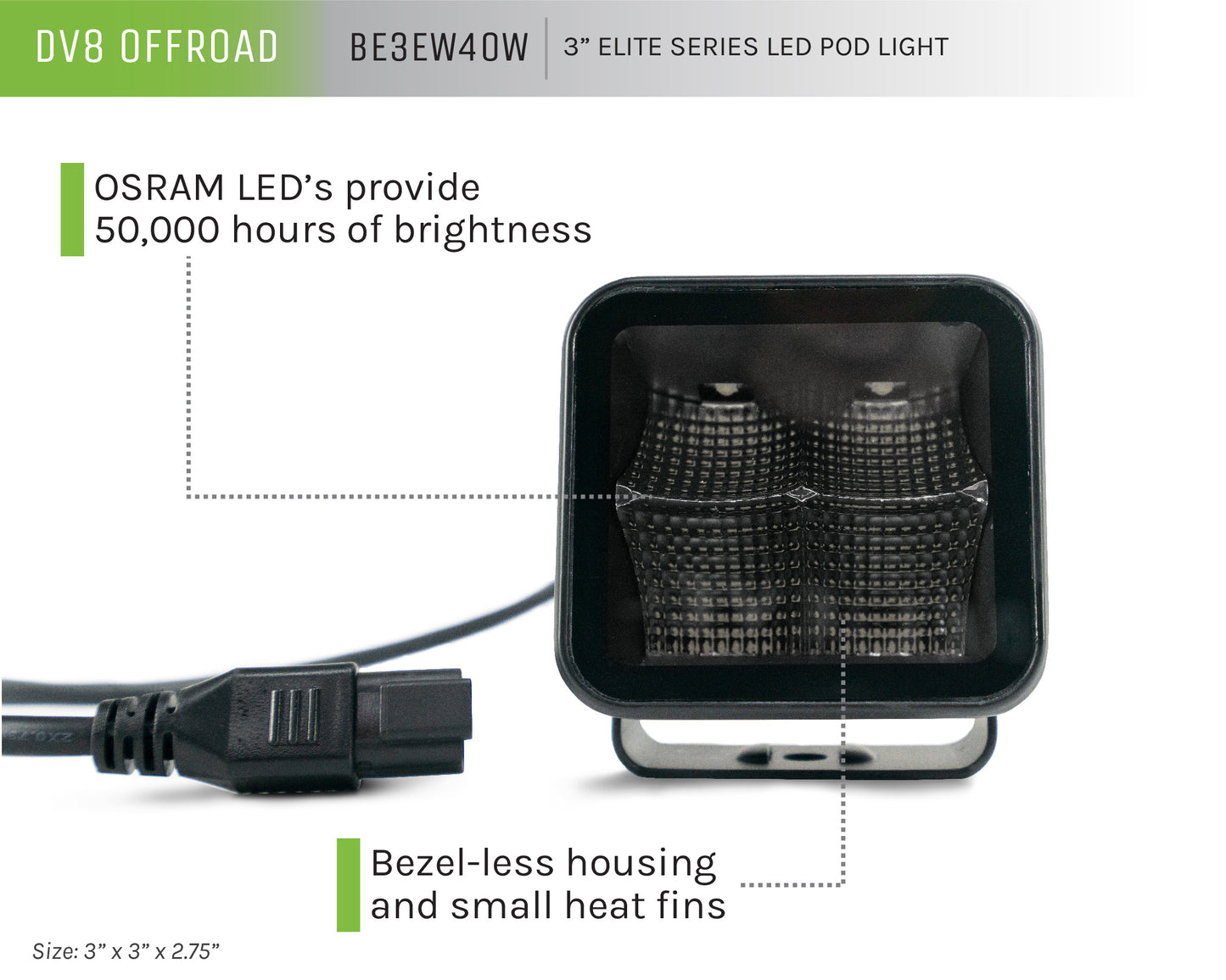 BE3EW40W UNIVERSAL 3 INCH CUBE LED LIGHT WITH FLOOD PATTERN AND POST MOUNT by DV8 Offroad