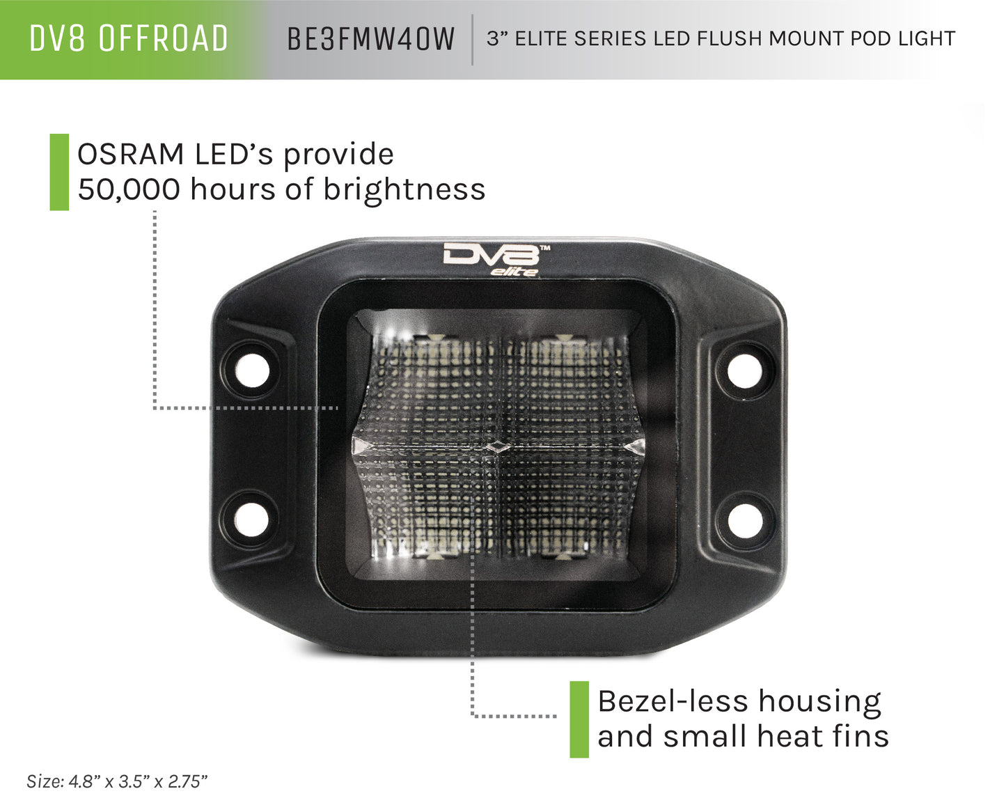 UNIVERSAL 3 in. CUBE LED LIGHT WITH FLOOD PATTERN AND FLUSH MOUNT PLATE BUILT IN by DV8 Offroad