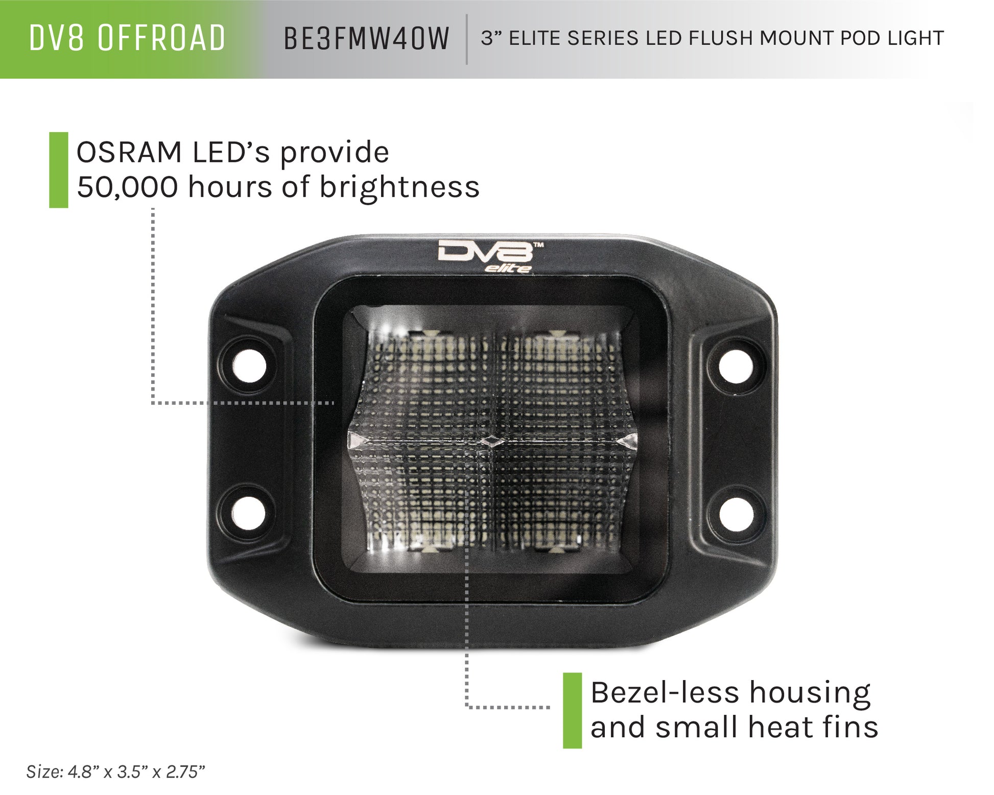 UNIVERSAL 3 in. CUBE LED LIGHT WITH FLOOD PATTERN AND FLUSH MOUNT PLATE BUILT IN by DV8 Offroad
