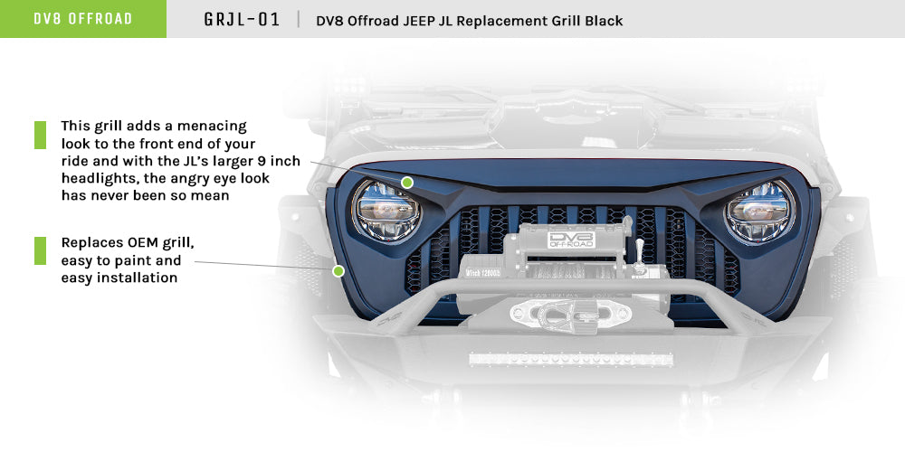 18+ Jeep JL & 20 Jeep JT Replacement Grill; Black by DV8 Offroad