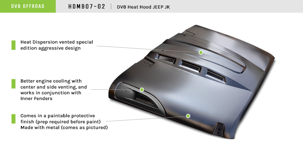 07-18 Jeep JK Hood; Heat Dispersion by DV8 Offroad