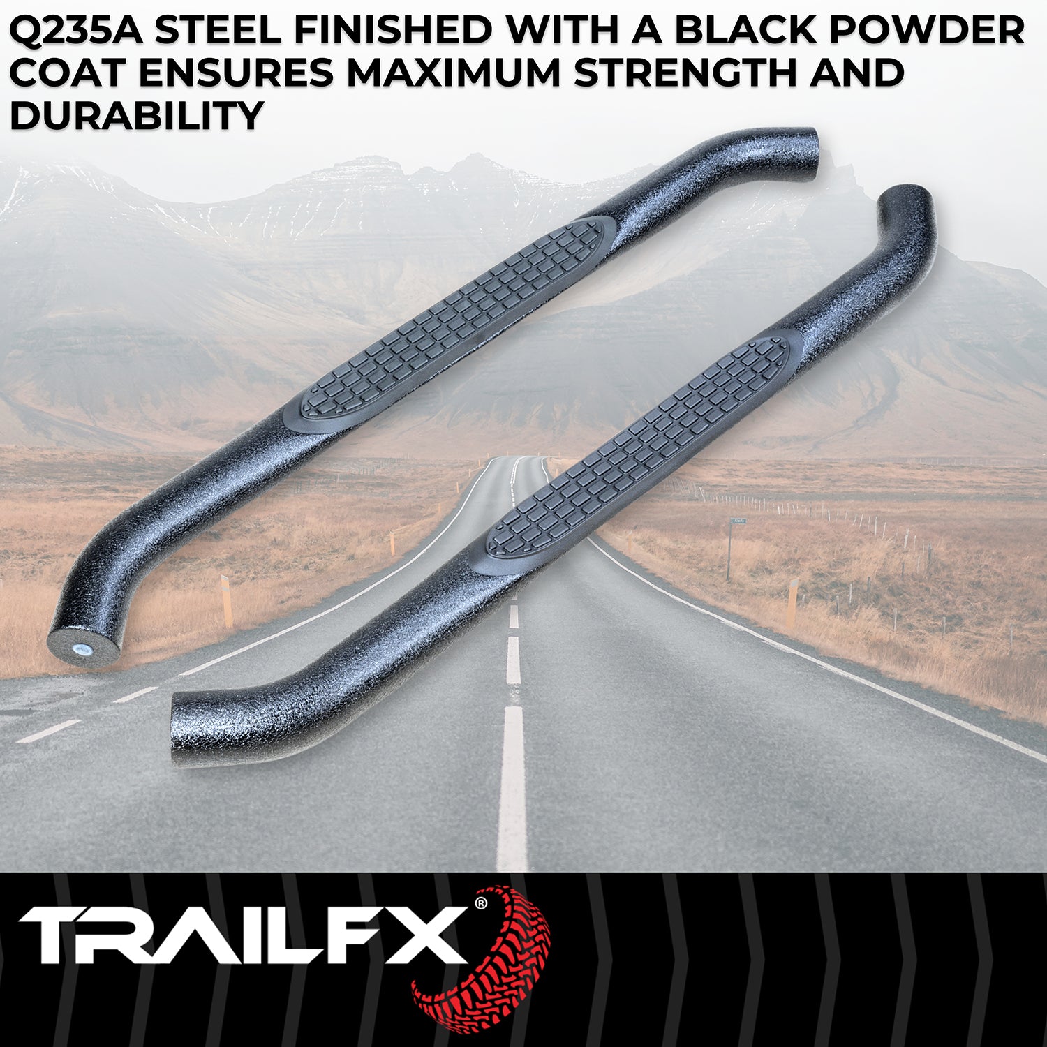 With Step Pads 3 In Round Bent 90 Degree Powder Coated Black Steel Without End C by TrailFX