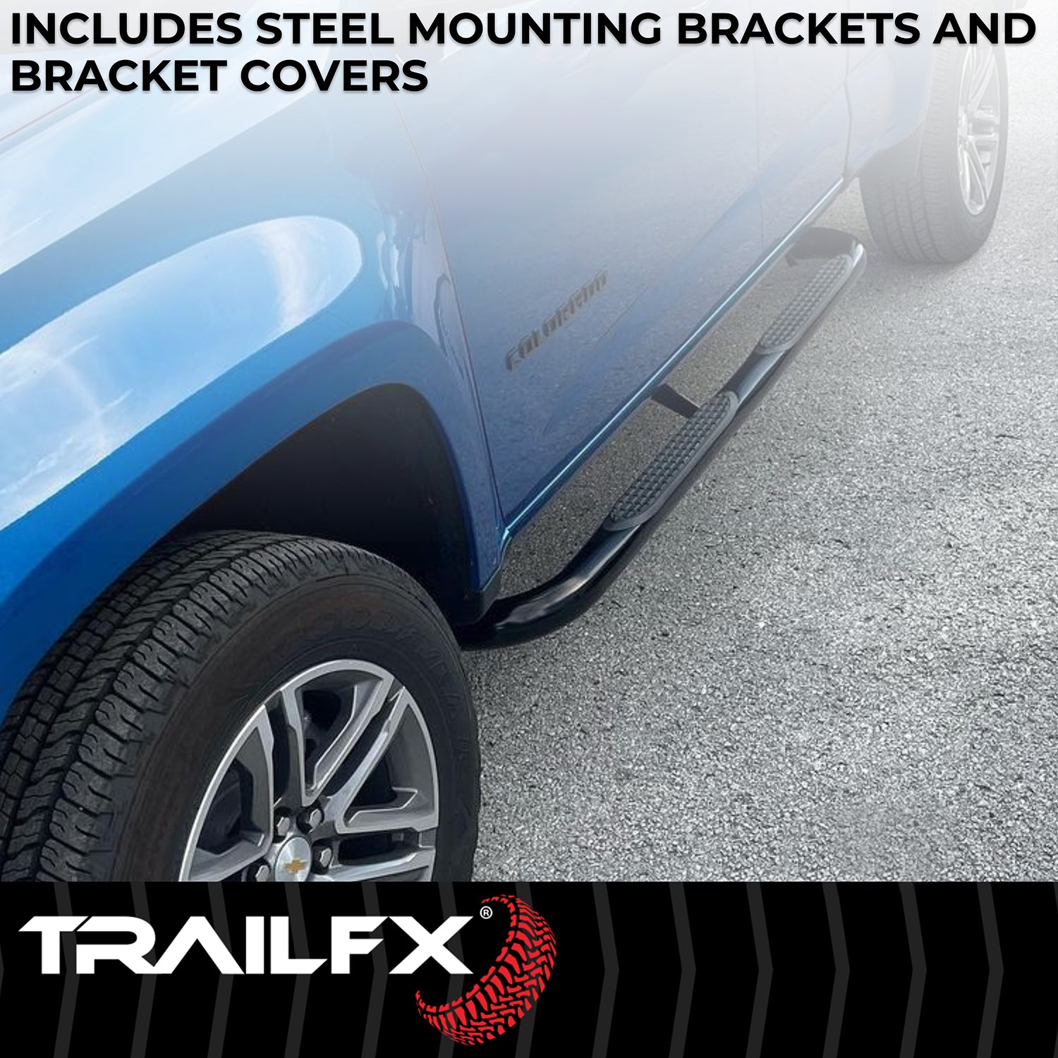 With Step Pads 3 In Round Bent 90 Degree Powder Coated Black Steel Without End C by TrailFX