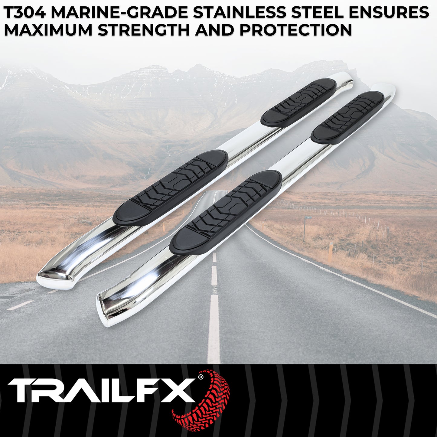 With Step Pads 5 In Oval Bent Pol Stainless Steel With Welded End Caps Rocker Pa by TrailFX