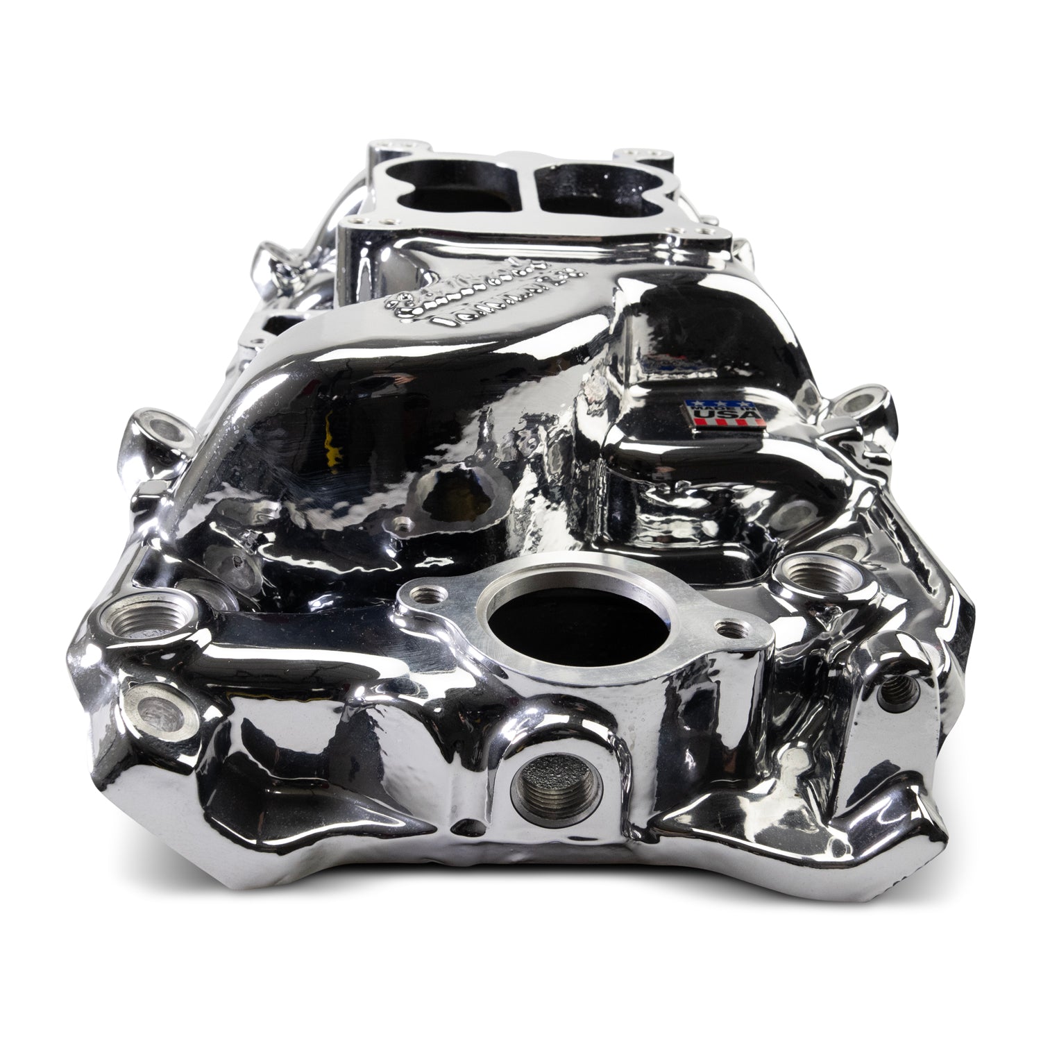 Performer 2-O Manifold for 1965-90 B/B Chevy Oval Port Heads, Chrome Plasma by Edelbrock
