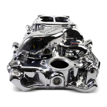 Performer 2-O Manifold for 1965-90 B/B Chevy Oval Port Heads, Chrome Plasma by Edelbrock