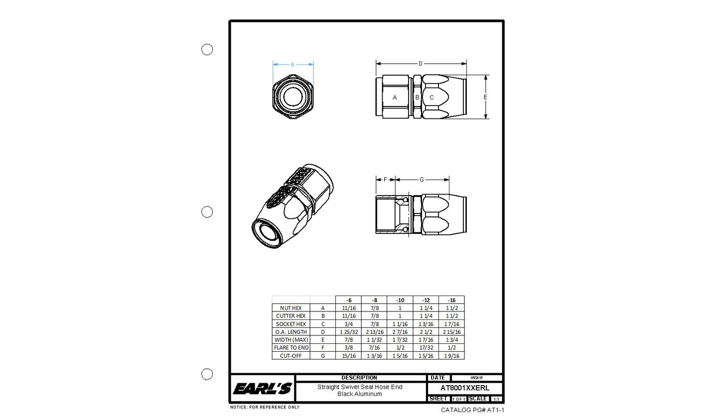 Earls Straight Swivel-Seal® Hose End AN -6 - Black by Earl's Performance