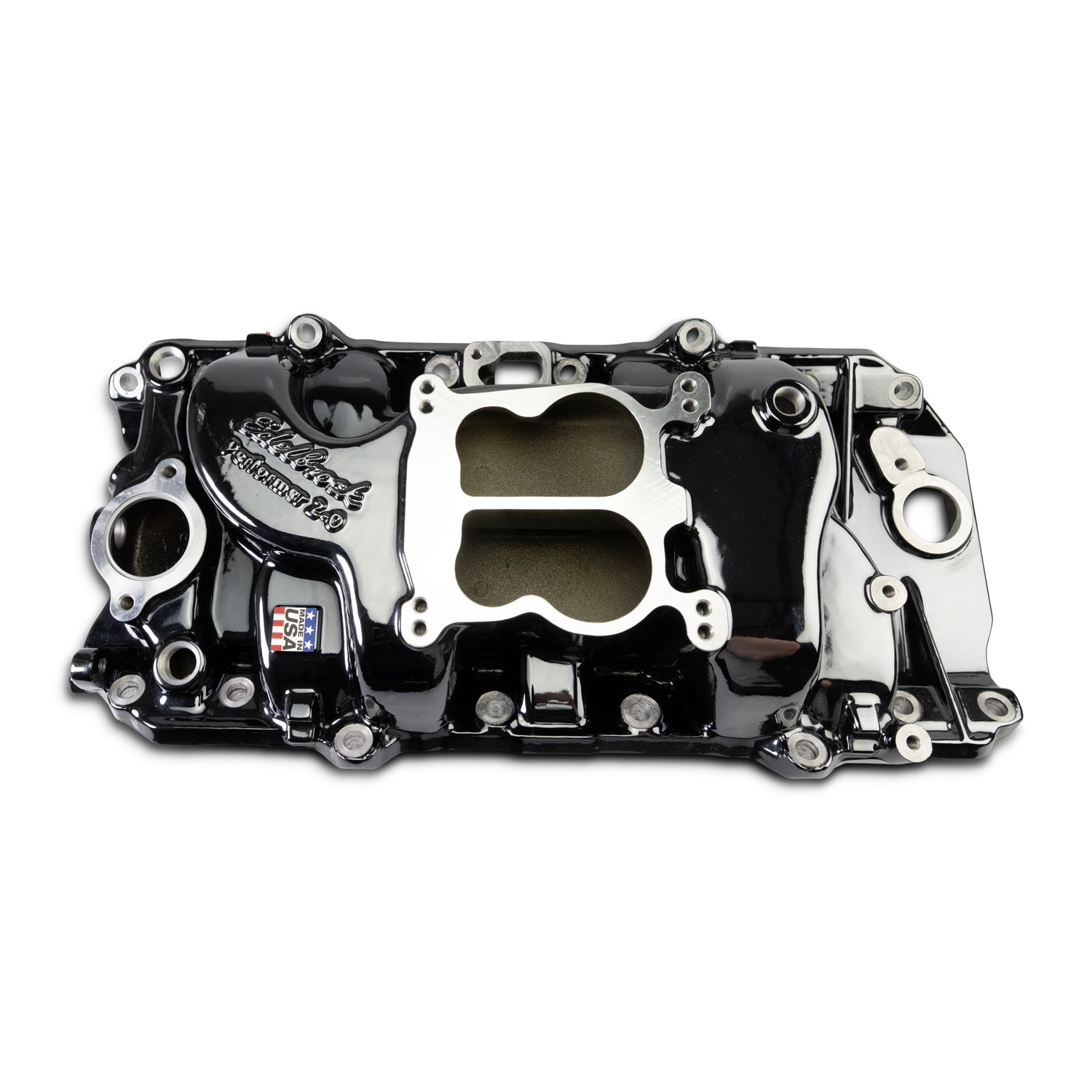 Performer 2-O Manifold for 1965-90 B/B Chevy Oval Port Heads, Black Plasma by Edelbrock